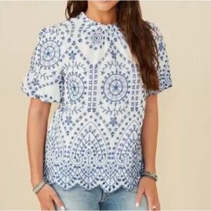 Blue and White Embroidered Women's Top size medium
